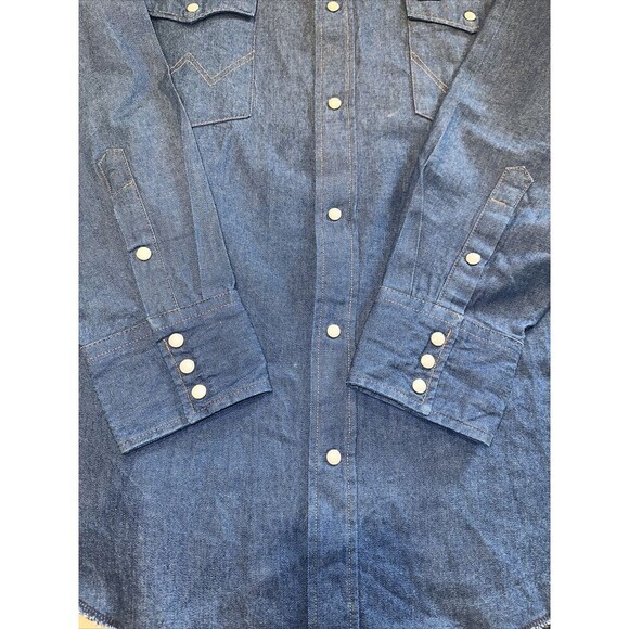 VTG Wrangler Sanforized Blue Denim Men's Pearl Snap Button Western 18x34 Big - Picture 5 of 8